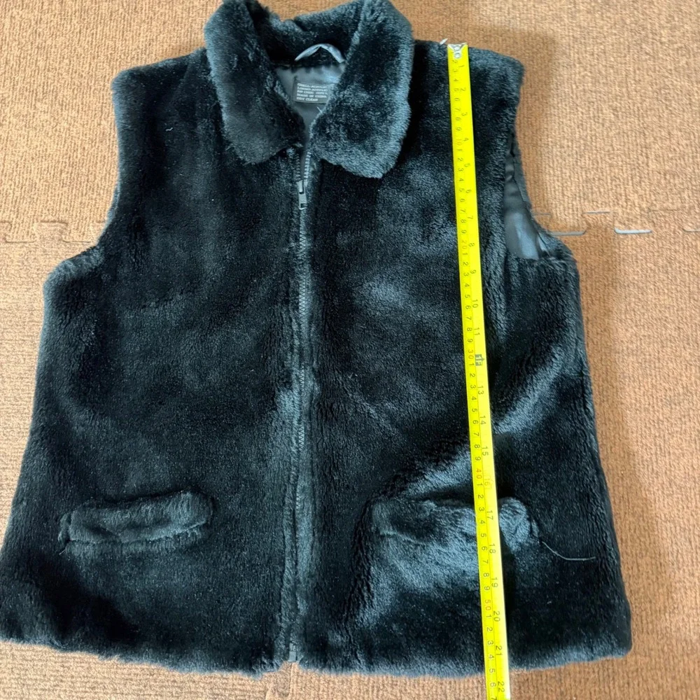Vintage Black Faux Fur Full Zip Vest with Pockets Size Large RN 13326 A+ vtg - Picture 3 of 7